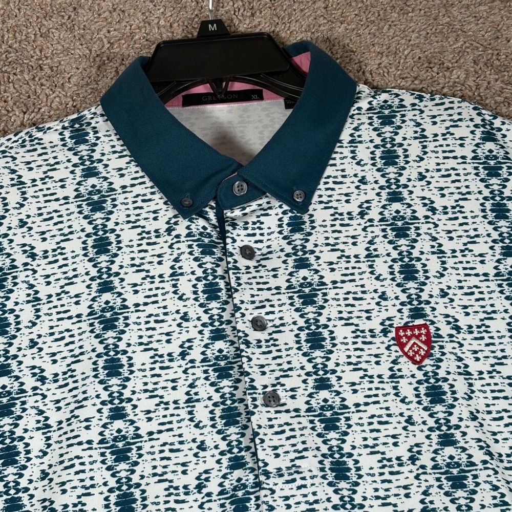Greyson Mens XL Polo Shirt Teal White Geometric Performance Golf Short Sleeve